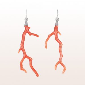 Ear studs with corals and brilliant cut diamonds 0,60ct in 18kt white gold