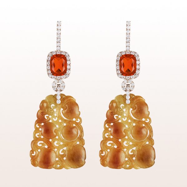 Ear studs with fire-opals 2,80ct, orange jade and brilliant cut diamonds 1,43ct in 18kt white gold