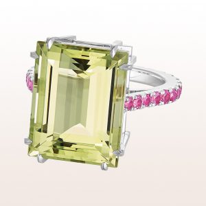 Ring mit grünem Beryll 12,93ct und rosa Saphire 1,45ct in 18kt Weißgold