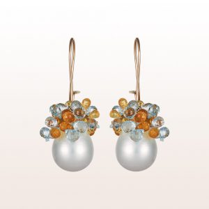 Earrings with mandarine garnet, topaz and sweet water pearls in 18kt rose gold