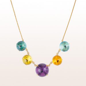 Necklace with amethyst, topaz, quartz and brilliant cut diamonds 0,12ct in 18kt yellow gold