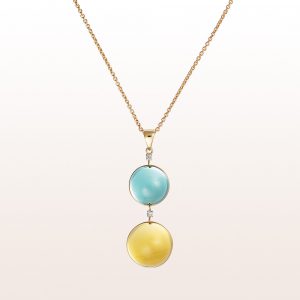 Necklace with prasiolite, citrine, diamonds 0,04ct in 18kt yellow gold