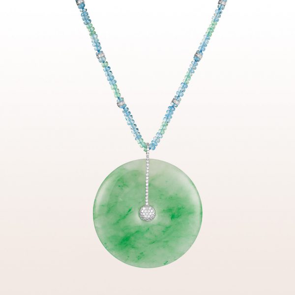 Necklace with emerald and aquamarine with jade pendant and brilliants 0,41ct in 18kt white gold