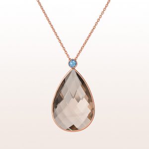 Necklace with smoky quartz-drops 24,45ct and aquamarine 0,22ct in 18kt rose gold