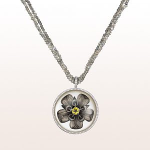 Pendant with rock crystal, mother of pearls and diamonds 0,44ct on a necklace with labradorite in 18kt white gold