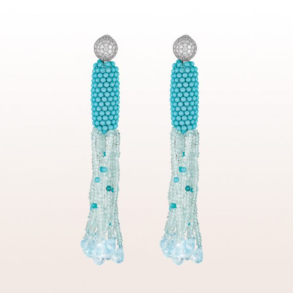 Earrings with brilliants 0,99ct, turquoise coccinellas and aquamarine in 18kt white gold
