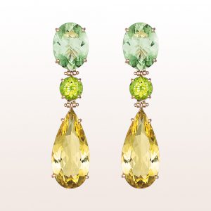 Earrings with prasiolite, peridot and citrine in 18kt rose gold