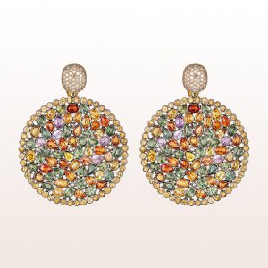 Earrings with multi coloured brilliants and multi coloured sapphire slices in 18kt white gold