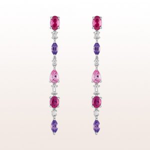 Earrings with rubellite 1,67ct, pink sapphire 1,05ct, amethyst 0,67ct and diamonds 0,32ct in 18kt white gold