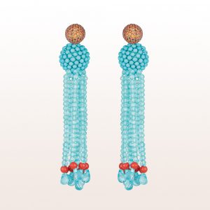 Earrings with orange sapphires 1,73ct, turquoise coccinella balls, apatite and red coral in 18kt white gold