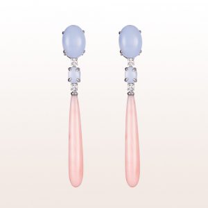 Earrings with chalcedony, pink coral and brilliants 0,25ct in 18kt white gold
