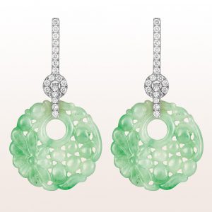 Earrings with green jade and brilliants 0,56ct in 18kt white gold