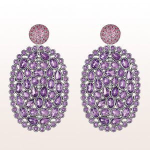 Earrings with pink sapphire 1,23ct and amethyst slices in 18kt white gold