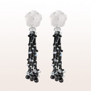 Earrings with rock crystal blossoms, black spinel, moon stone, labradorit and brilliants 0,05ct in 18kt white gold