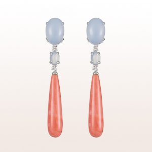 Earrings with chalcedony, coral and brilliants 0,28ct in 18kt white gold