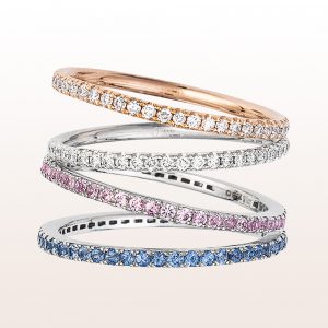 Rings with brilliant cut diamonds, pink and blue sapphire in 18kt rose and white gold  Price starting at €890.-