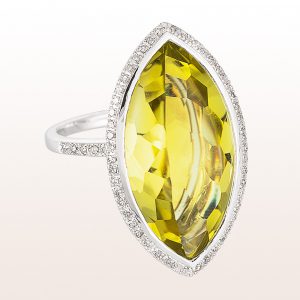Ring with lemon quartz and brilliant cut diamonds in 18kt white gold