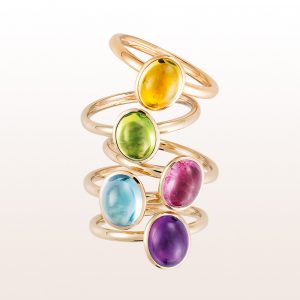 Collection rings with citrine, peridot, rubellite, topaz and amethyst cabochons in 18kt white and rose gold