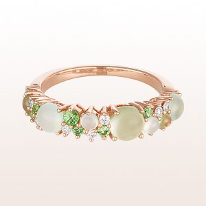 Ring with green chalcedony 0,83ct, prehnite 0,80ct, tsavorite 0,18ct and brilliant cut diamonds 0,13ct in 18kt rose gold