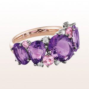 Ring with amethyst 4,68ct, pink sapphire 0,58ct and brilliant cut diamonds 0,17ct in 18kt rose gold