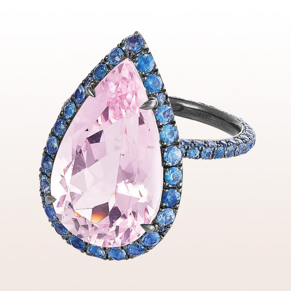 Ring with morganite drops 11,33ct and sapphire 4,85ct in 18kt white gold