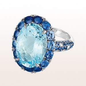 Ring mit Topas 13,20 ct, Saphire 3,87 ct und Brillanten 0,15 ct in 18kt Weißgold