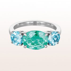 Ring with light-green emerald 2,22ct and blue zircon 2,06ct in 18kt white gold