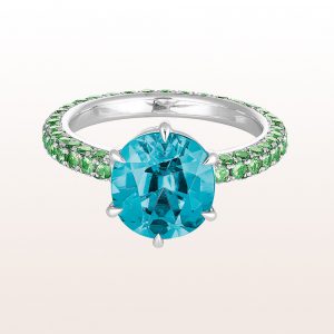 Ring with blue zircon 5,31ct and tsavorite 2,11ct in 18kt white gold