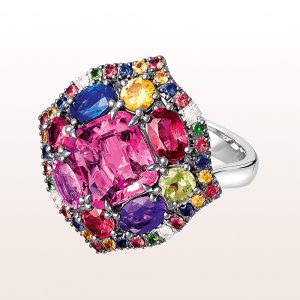 Ring rubellite 2,50ct, amethyst, peridot, sapphire, tsavorite, ruby and brilliant cut diamonds 0,06ct in 18kt white gold