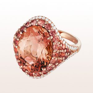 Ring with orange tourmaline 9,40ct, orange sapphire 2,23ct and brilliant cut diamonds 0,41ct in 18kt rose gold