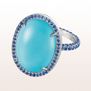 Ring mit Türkis 11,11ct und Saphiren 2,35ct in 18kt Weißgold
