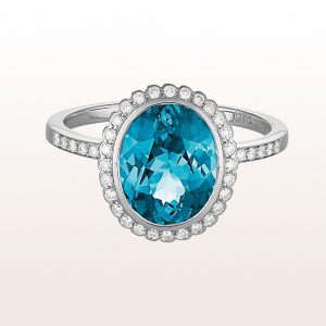 Ring with topaz 2,79ct and brilliant cut diamonds 0,20ct in 18kt white gold