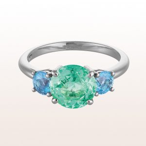 Ring with light-green emerald 1,80ct and aquamarine 0,67ct in 18kt white gold