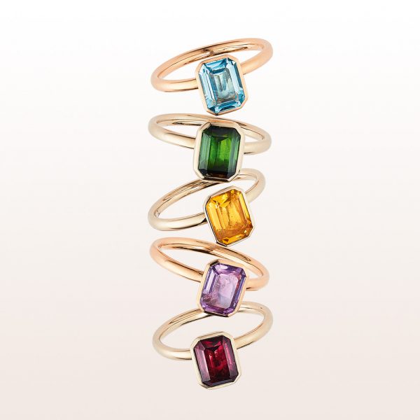 Collection-rings with topaz, tourmaline, citrine, amethyst and rhodolite in 18kt rose, white and yellow gold
