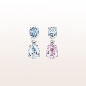 Ohrgehänge mit Aquamarine 1,02ct, Brillanten 0,17ct und rosa und blaue Saphire 3,16ct in 18kt Weißgold