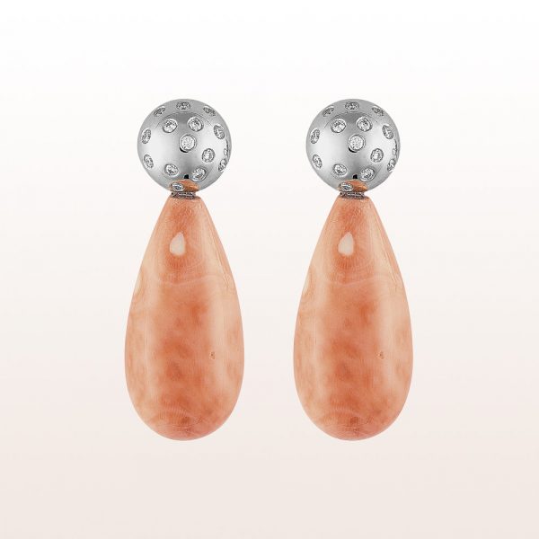 Earrings with coral drops and brilliants 0,33ct in 18kt white gold