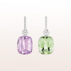 Earrings with kunzanite 13,92ct, mini-tourmaline 12,04ct and brilliants 0,28ct in 18kt white gold