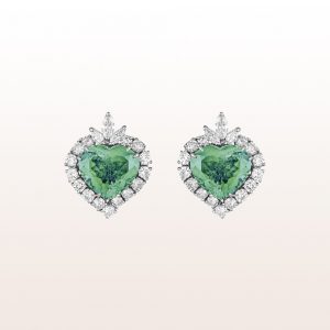 Earrings with emerald-hearts 11,19ct and diamonds 3,00ct in 18kt white gold