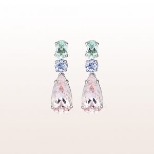 Earrings with green beryl 0,81ct, tansanite 0,56 and morganite drops 4,40ct in 18kt white gold
