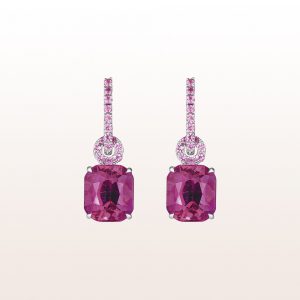 Earrings with rubellite 9,76ct and pink sapphire 0,64ct in 18kt white gold