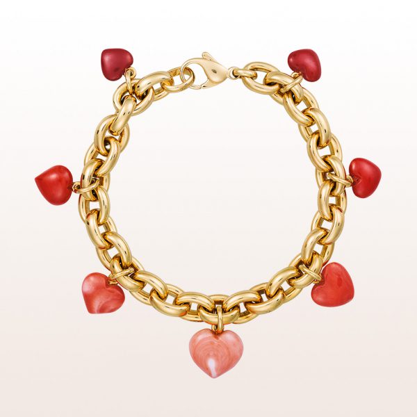 Bracelet with coral hearts in 18kt yellow gold
