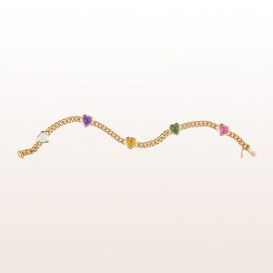 Bracelet with hearts of amethyst, pink and green tourmaline, citrine and aquamarine in 18kt yellow gold