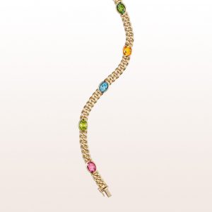 Bracelet with green tourmaline 1,84ct, citrine 1,76ct, topaz 2,50ct, peridot 2,08ct and rubellite 1,93ct in 18kt yellow gold