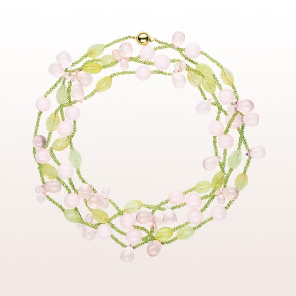 Necklace with pink calcite, prehnite, rose quartz and peridot with an 18kt yellow gold clasp