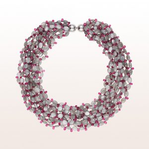 Necklace with grey moonstone and rubellite and an 18kt white gold clasp