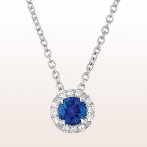 Necklace with sapphire 0,31ct and brilliant cut diamonds 0,06ct in 18kt white gold