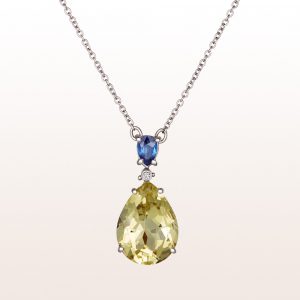 Necklace with sapphire 0,50ct, brilliant cut diamonds 0,02ct and citrine-drops in 18kt white gold