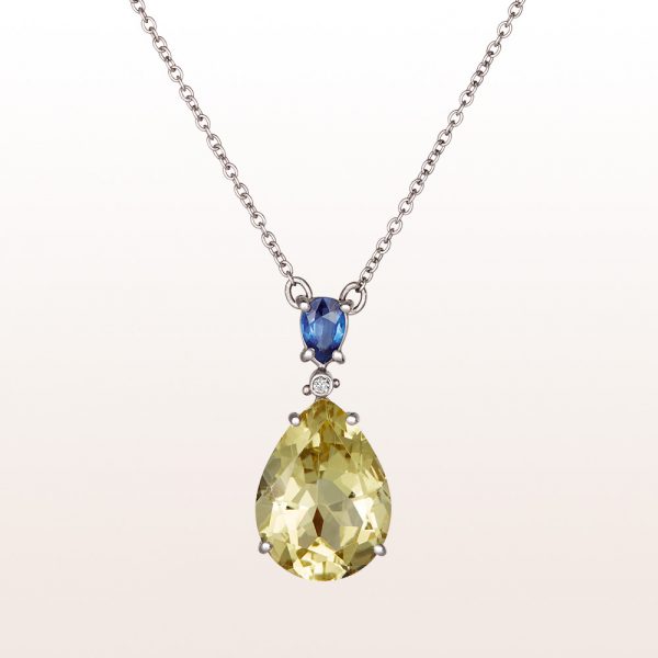Necklace with sapphire 0,50ct, brilliant cut diamonds 0,02ct and citrine-drops in 18kt white gold