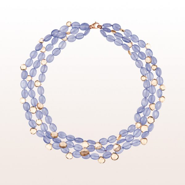Necklace with chalcedony, champagne quartz and an 18kt rose gold carabiner