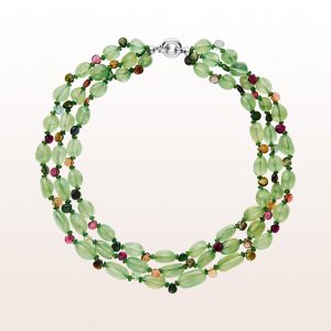 Necklace with prehnite, diopside, multi coloured tourmaline and an 18kt white gold clasp